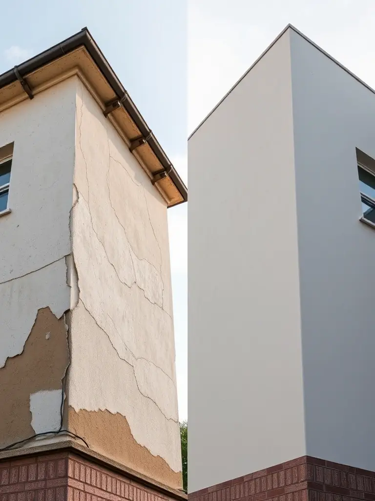 A before-and-after photo showing an exterior renovation project, with the 'before' showing an outdated facade and the 'after' showcasing a modern, updated look achieved by Philadelphia Exterior Wall & Stucco Contractors.