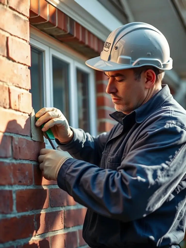 A professional technician repairing a damaged brick wall on a residential building, showcasing the exterior wall repair service.