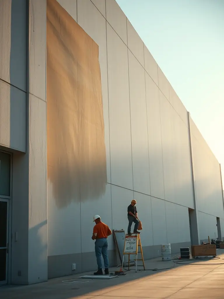 A team applying stucco to the exterior of a commercial building with a smooth finish, highlighting the stucco installation service.