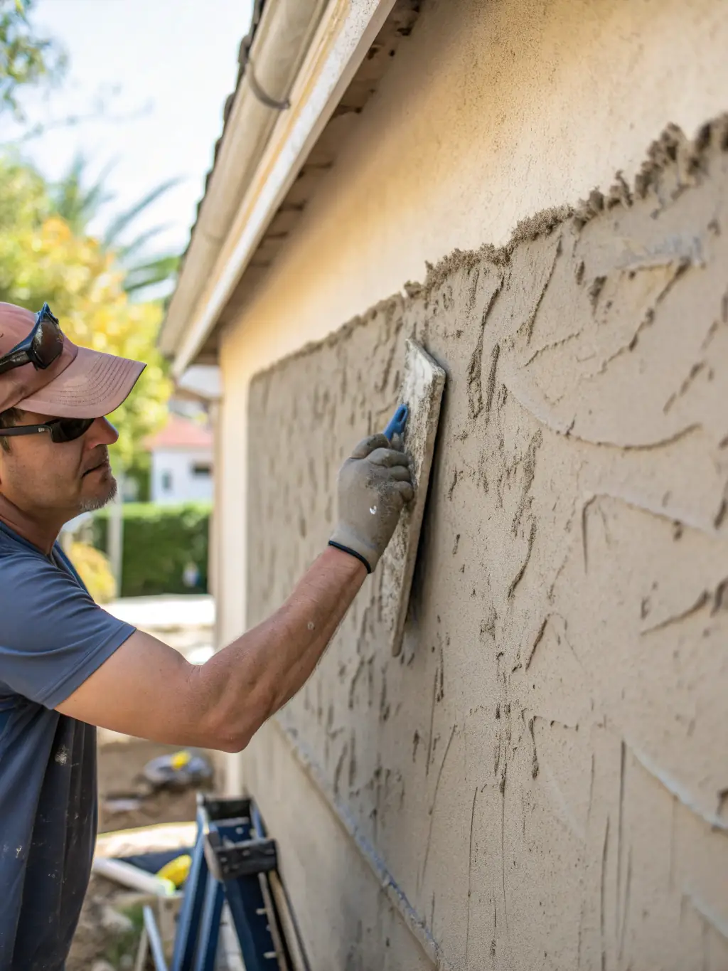 A close-up shot of a craftsman applying stucco to an exterior wall, showcasing the texture and detail of the application, emphasizing the quality of Philadelphia Exterior Wall & Stucco Contractors' work.