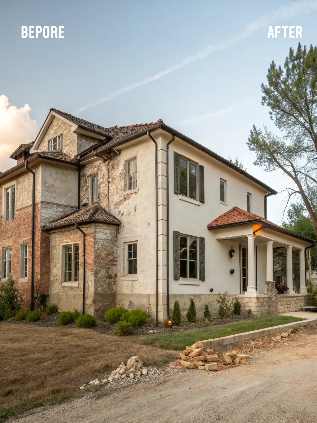 A before-and-after image of a building undergoing exterior renovation with new stucco and wall finishes, demonstrating the exterior renovation service.