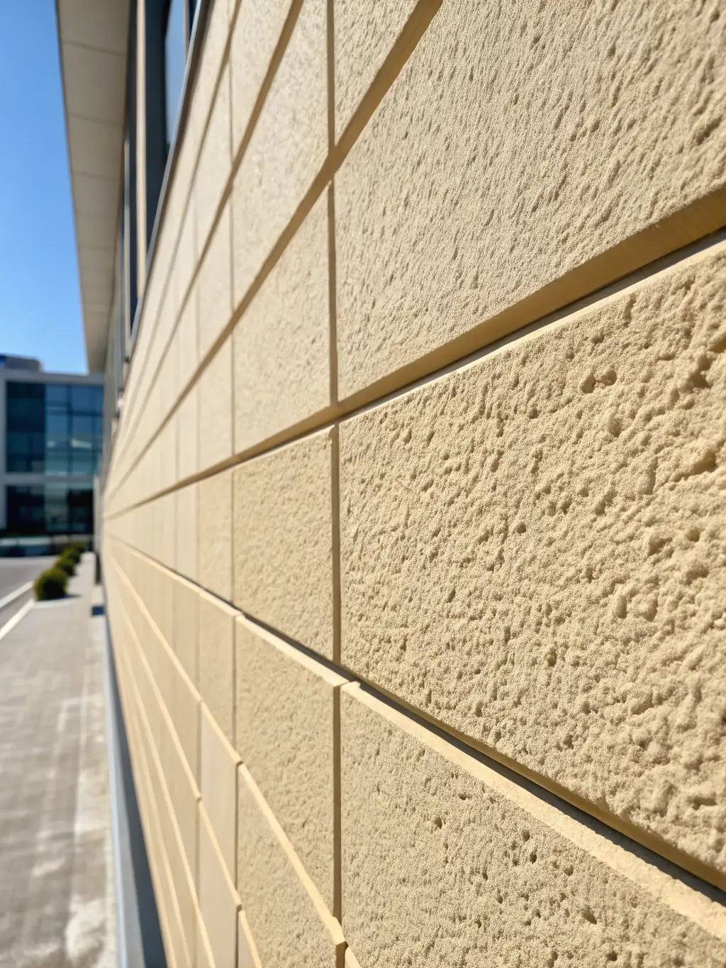 A close-up shot of a newly installed, textured stucco wall on a modern home, emphasizing the aesthetic appeal and quality of the stucco work.