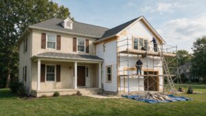 A home undergoing a full stucco tear-off and structural remediation.