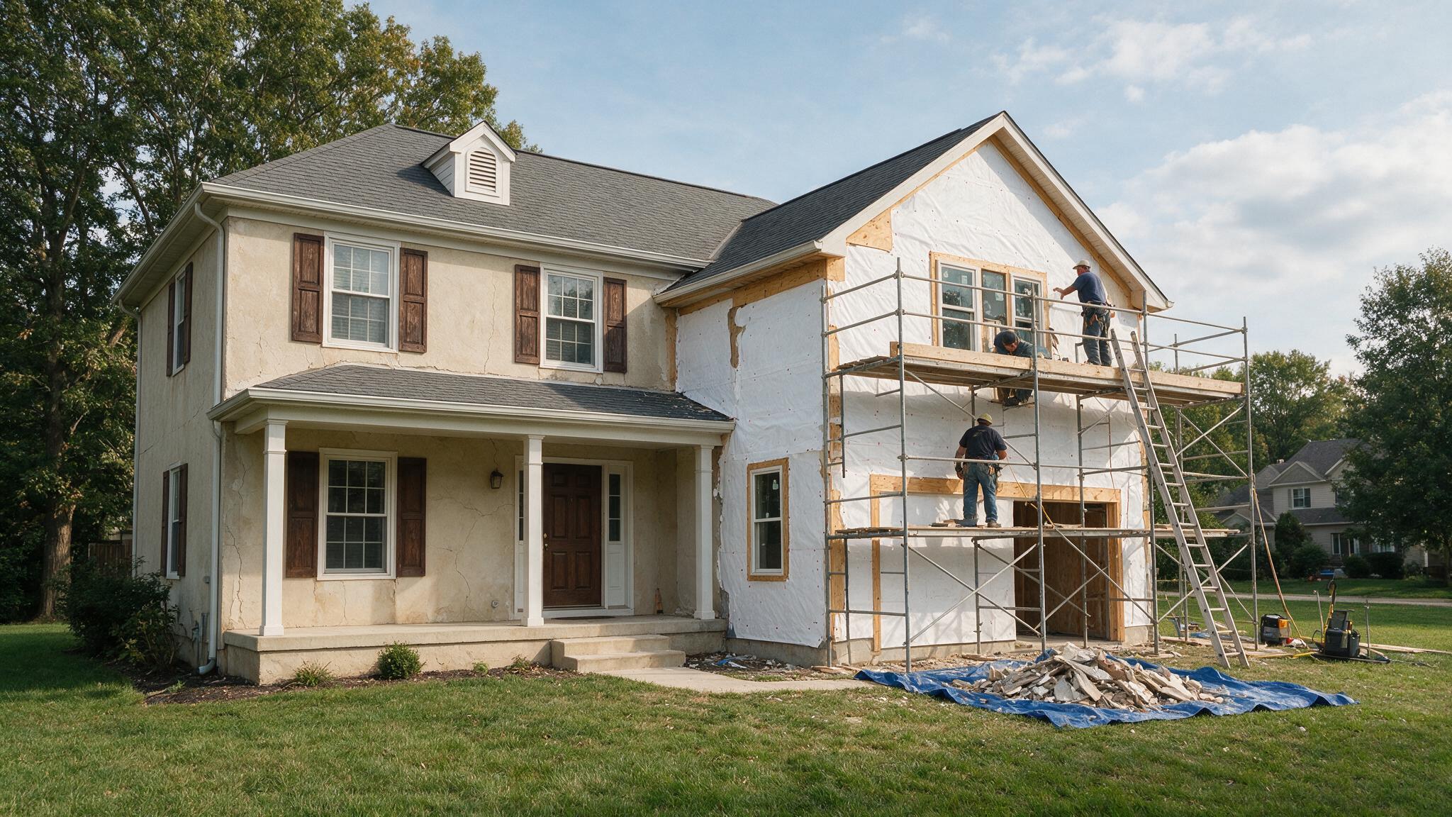 A home undergoing a full stucco tear-off and structural remediation.