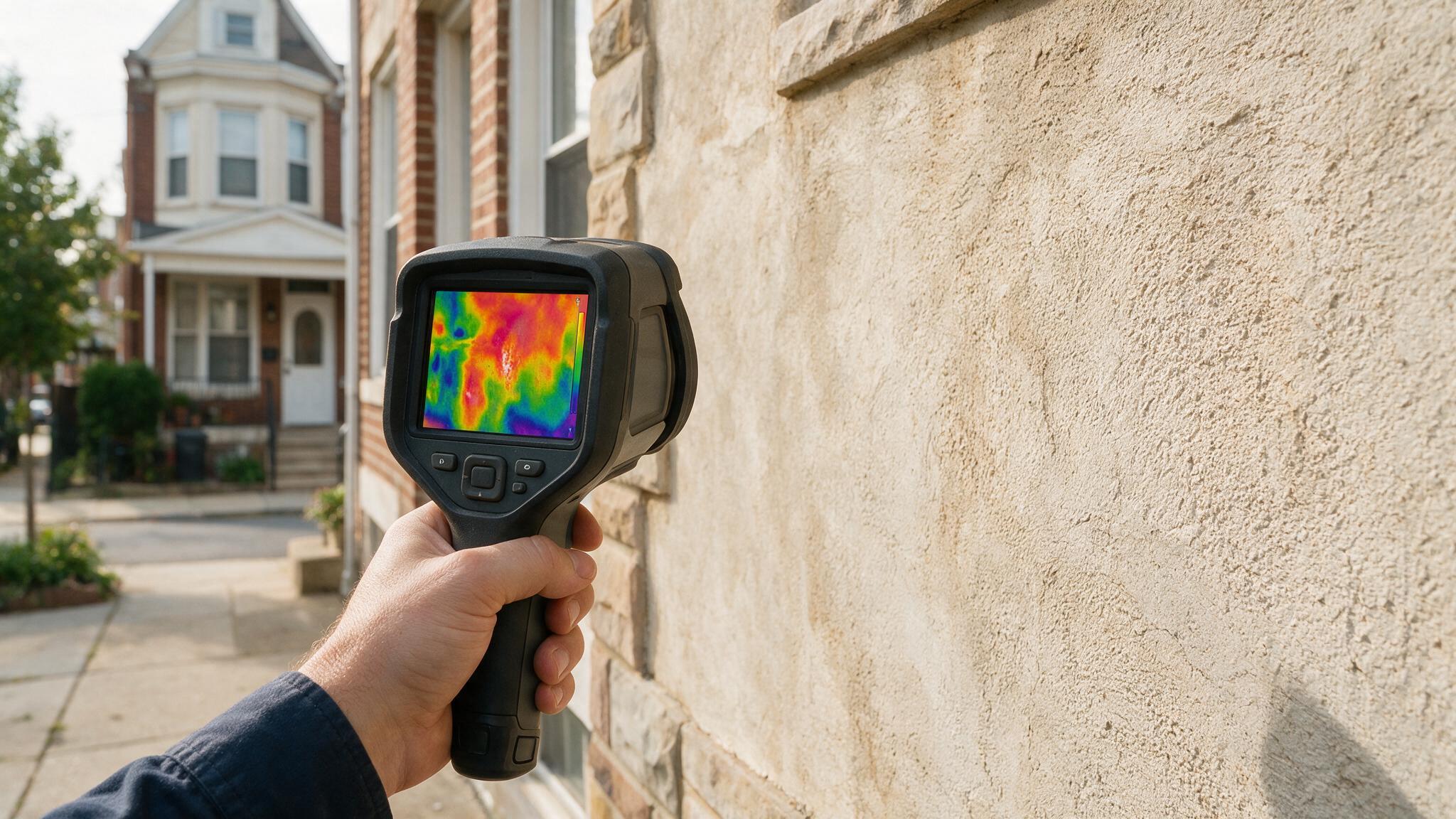 High-resolution thermal imaging camera displaying hidden water pockets behind an urban stucco house wall.