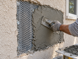 A section of a Philadelphia stucco home undergoing remediation, with the outer stucco layer removed to expose moisture-damaged wooden sheathing being replaced by contractors.