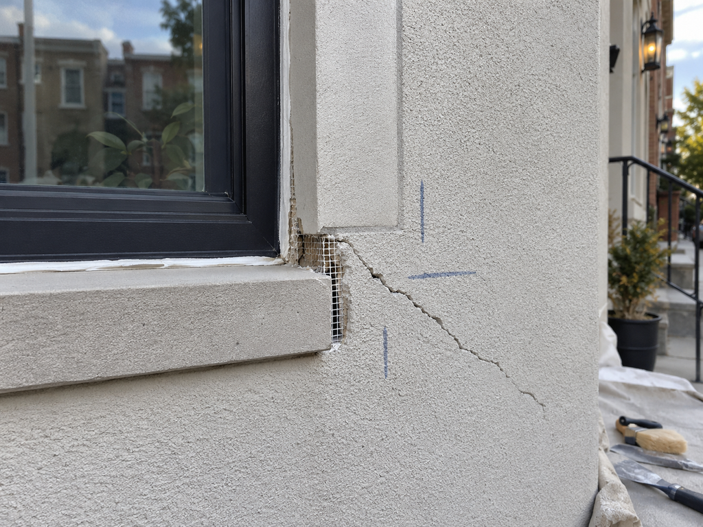 Professional diagonal stucco cracks window corners detail for Philadelphia Stucco Experts in South Philadelphia


