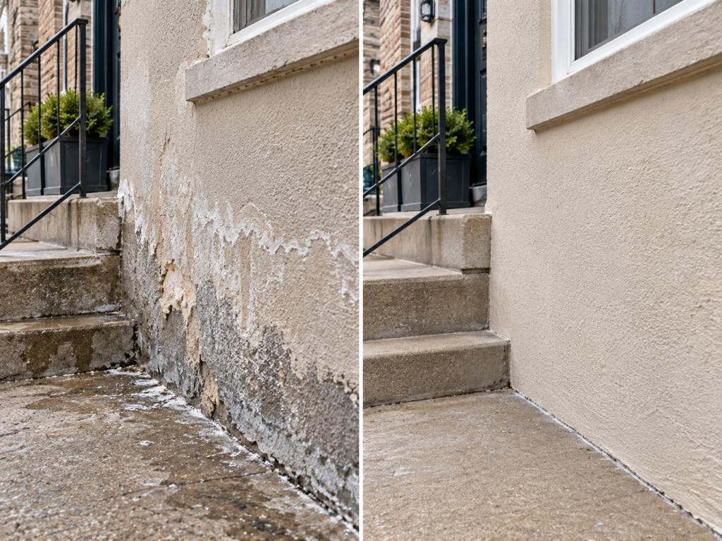 Water staining on exterior stucco wall surface directly below a residential window frame.
