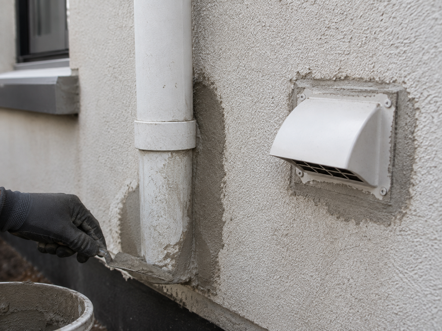 Stucco Repairs Around Pipes, Vents & Exterior Penetrations Before Philadelphia Fall Rain shown in a realistic Philadelphia, PA residential construction setting.
