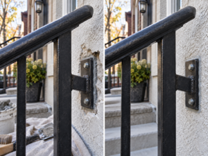 Professional stucco damage railing anchors detail for Philadelphia Stucco Experts in South Philadelphia