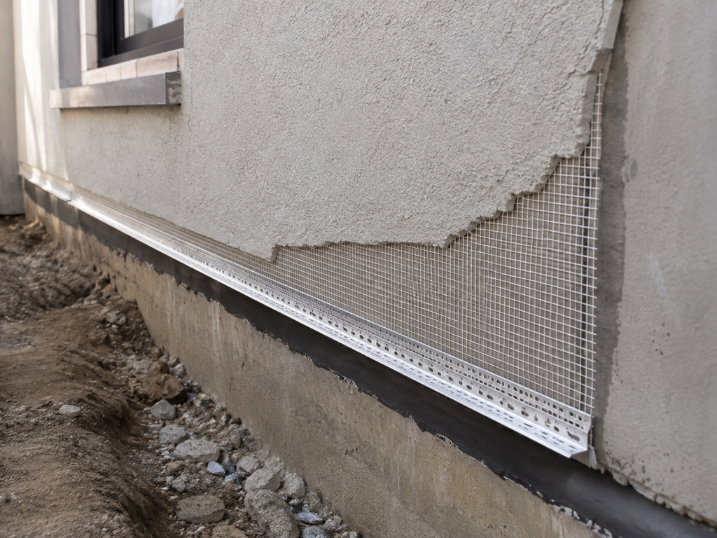 Weep Screed Installation & Foundation Clearance for Hard-Coat Stucco Systems shown in a realistic Philadelphia, PA residential construction setting.