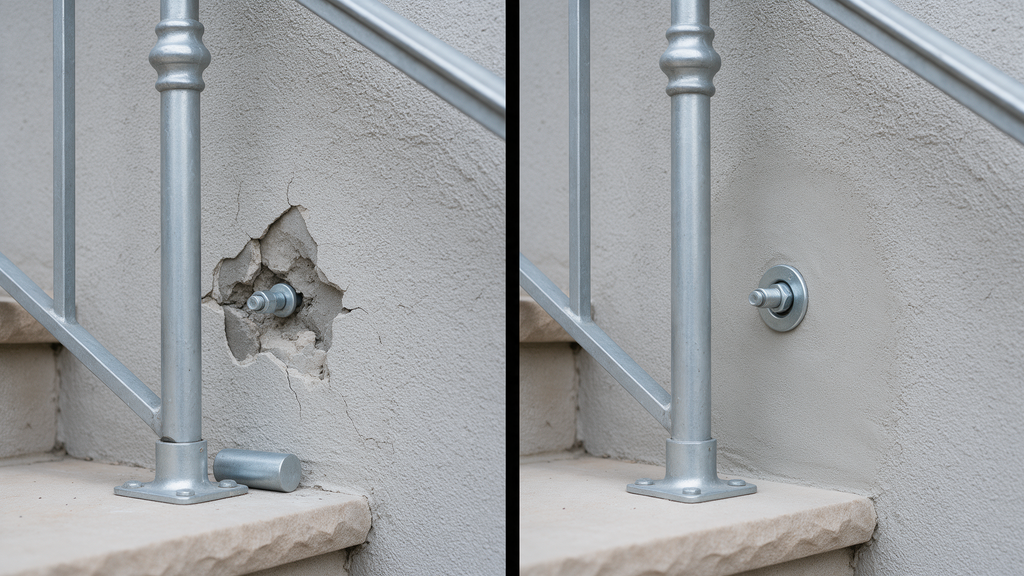 Professional stucco damage railing anchors detail for Philadelphia Stucco Experts in South Philadelphia

