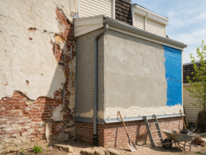 Water staining on exterior stucco wall surface directly below a residential window frame.