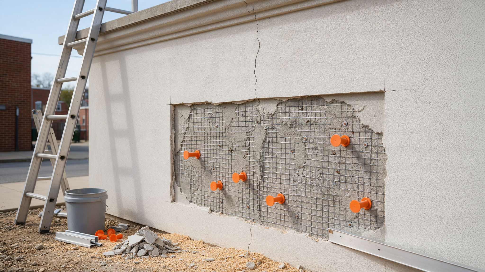 Stucco repair contractor evaluating wall assembly damage on a Philadelphia home before deciding between patching and full remediation