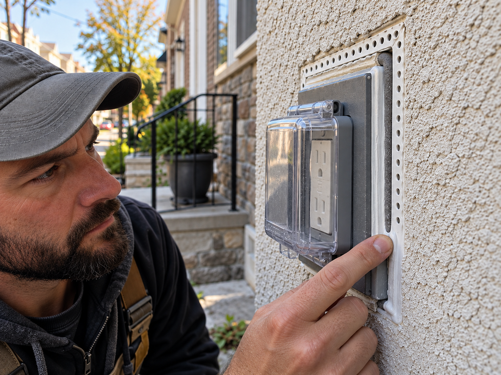 Stucco around an exterior electrical outlet being professionally sealed in Philadelphia