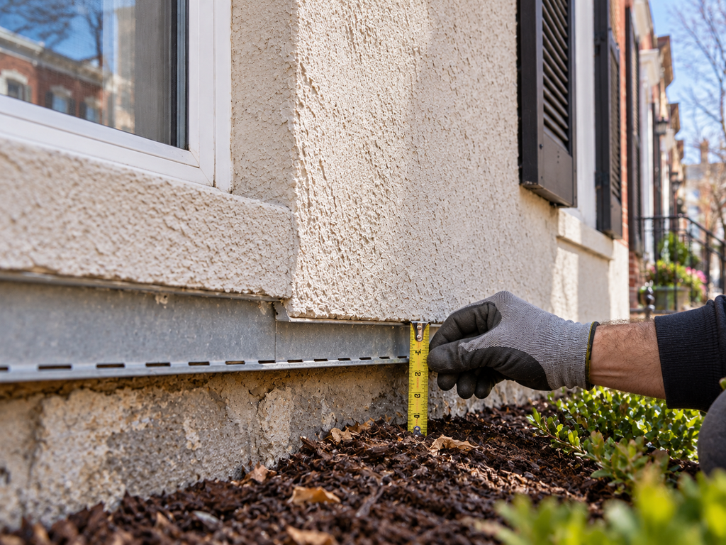 Stucco wall base drainage and weep screed detail on a Philadelphia home