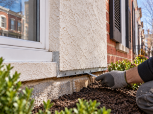 Stucco wall base drainage and weep screed detail on a Philadelphia home
