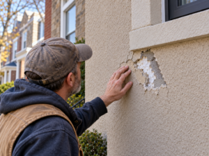 EIFS impact damage being inspected on a Philadelphia stucco exterior