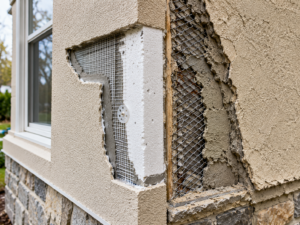 Exterior wall corner showing a foam-backed EIFS section beside a cement stucco section