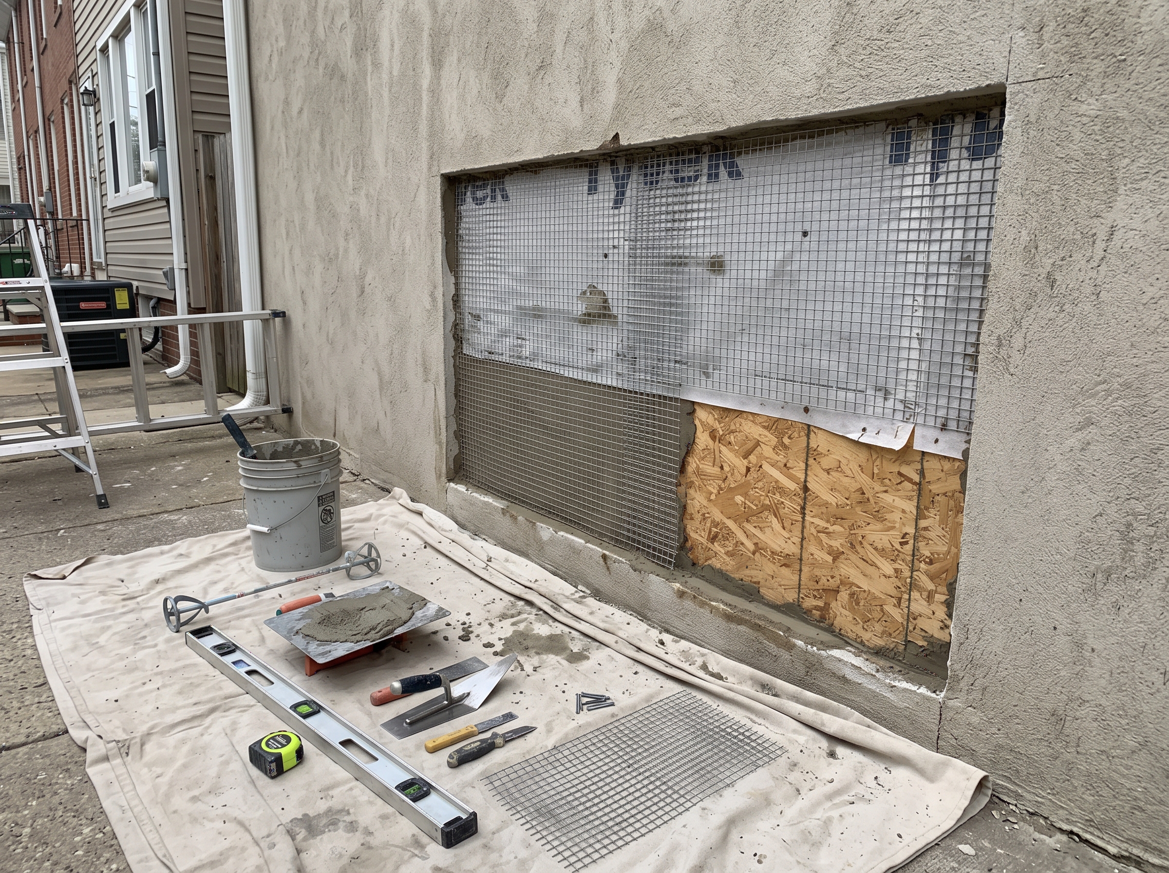 Partial stucco remediation detail for residential work in Philadelphia.