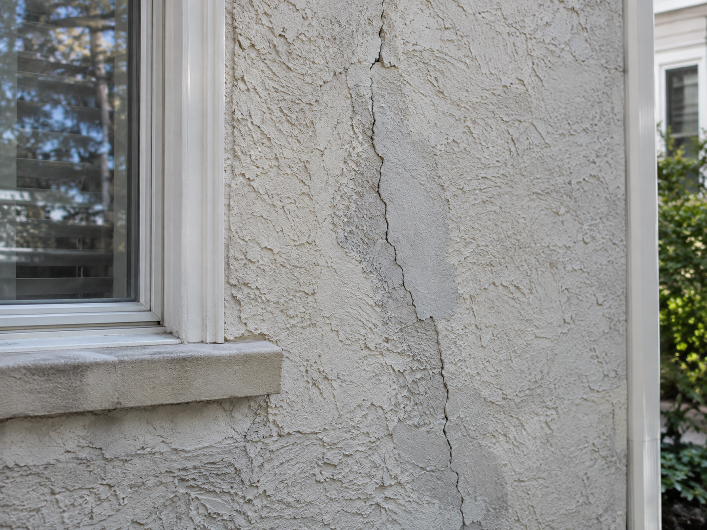 Water staining on exterior stucco wall surface directly below a residential window frame.