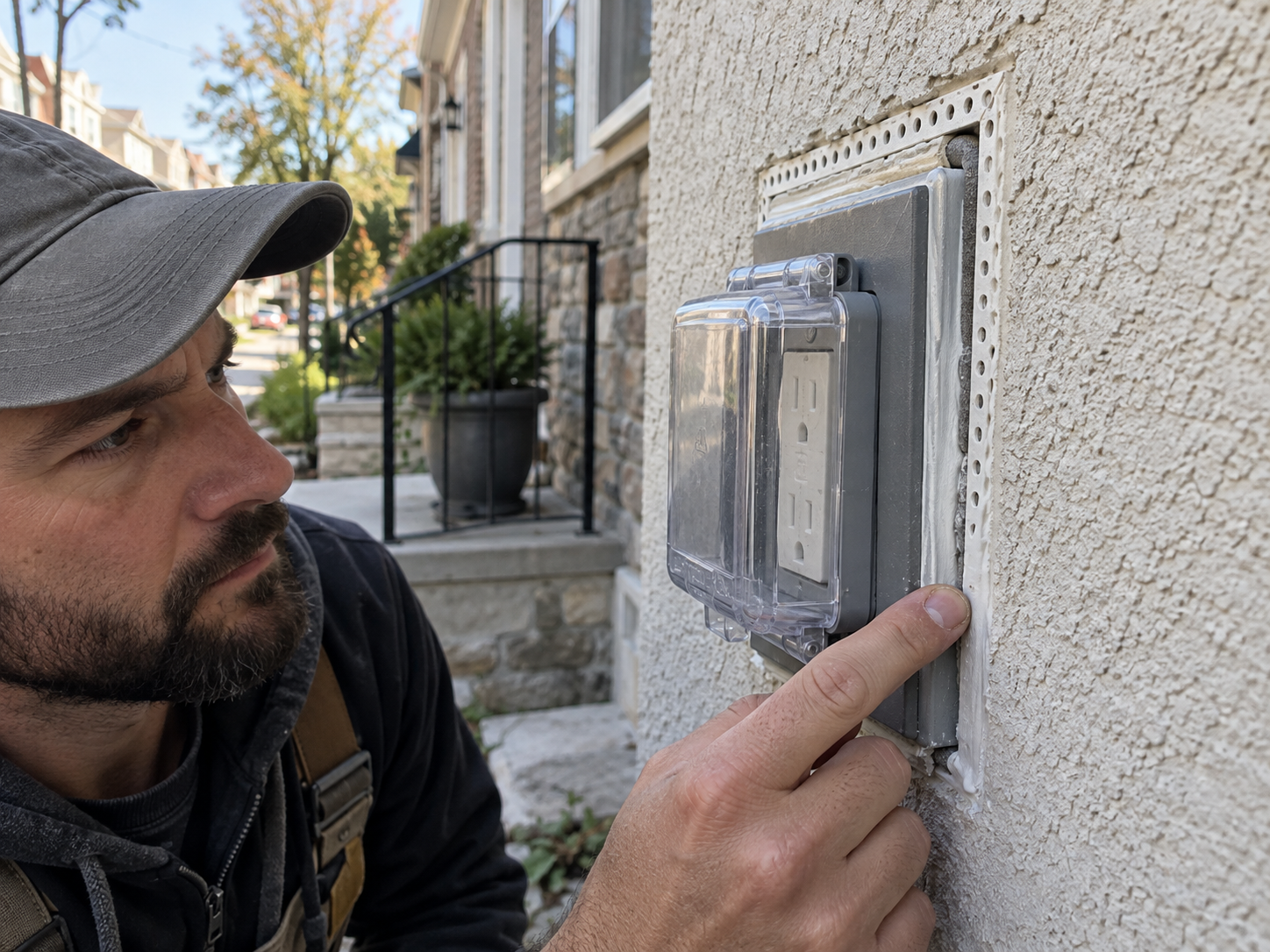 Stucco around an exterior electrical outlet being professionally sealed in Philadelphia