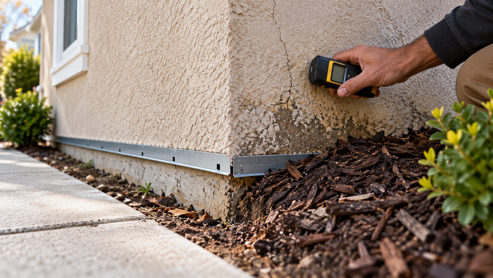 Stucco wall base with weep screed above the soil and a concrete walkway