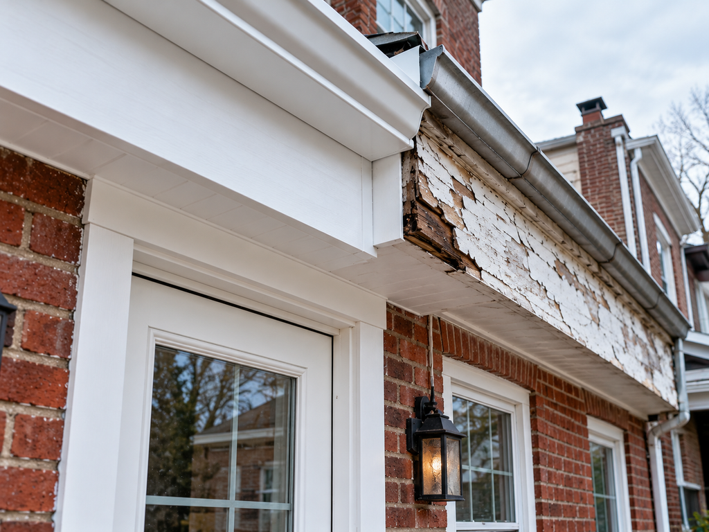 New white PVC fascia and door trim next to weathered, peeling wood trim on a Philadelphia brick rowhome