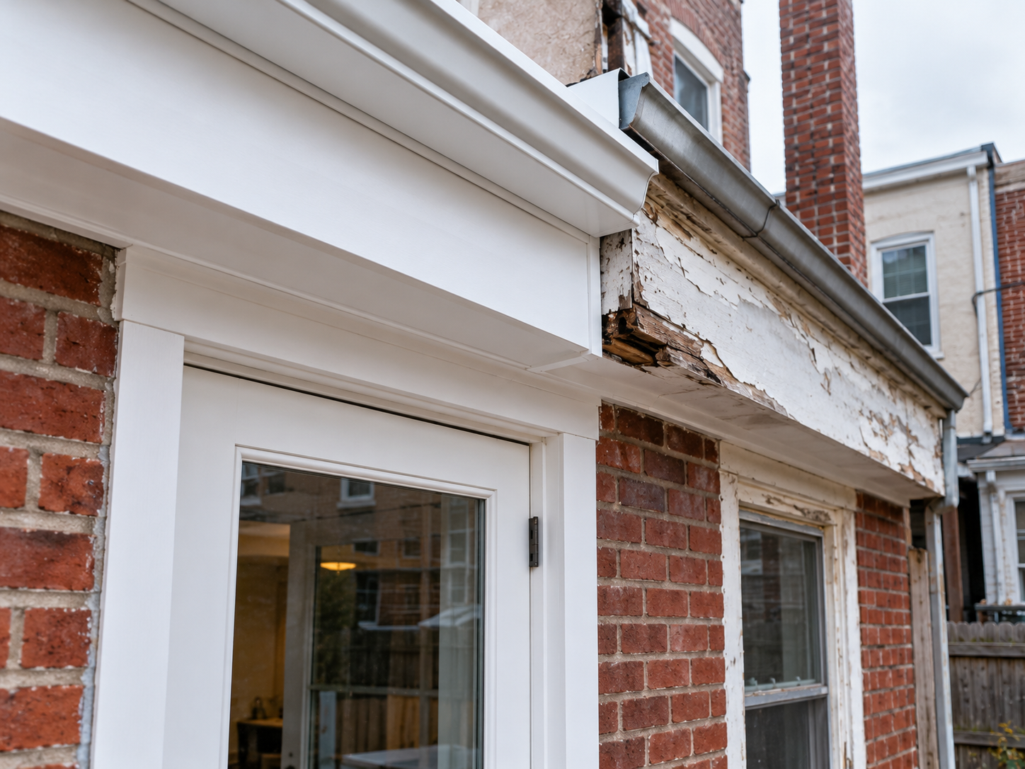 New white PVC fascia and door trim next to weathered, peeling wood trim on a Philadelphia brick rowhome