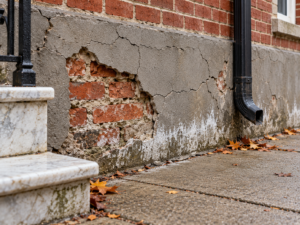 Cracked and delaminating gray parging with white efflorescence on the brick foundation of a Philadelphia rowhome
