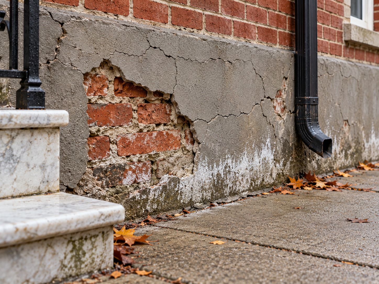 Cracked and delaminating gray parging with white efflorescence on the brick foundation of a Philadelphia rowhome